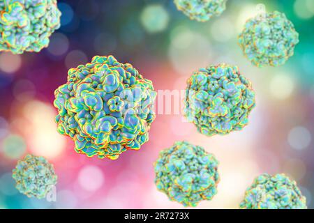 Canine parvovirus, computer illustration. Canine parvovirus type 2 (CPV2) was first recognized in 1978 and spread worldwide in less than two years. It Stock Photo