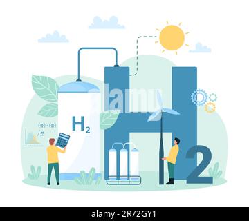 Production d'hydrogène écologique dans une usine de carburant de H2, illustration vectorielle de l'infographie. Les gens de caricature minuscules utilisent des sources d'énergie renouvelables, des éoliennes et des stations d'hydrogène chimique pour produire de l'électricité Illustration de Vecteur