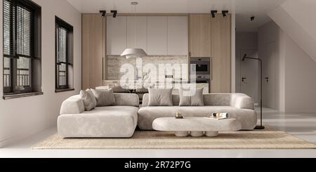 Intérieur beige séjour avec sol en béton, plafonnier et îlot de cuisine. Fenêtre panoramique sous les tropiques, vue de face. 3d rendu. Haute qualité Banque D'Images