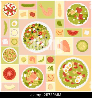 Illustration vectorielle de la série de salades. Vue de dessus isolée de dessin animé de nourriture saine, assiettes de salade et ingrédients, légumes frais et crevettes, saumon et avocat tranche dans un décor géométrique tendance Illustration de Vecteur