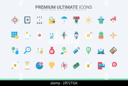 Protection des comptes bancaires et profits, achats avec application mobile portefeuille, terminal de point de vente. Paiement d'argent, comptabilité financière, épargne et banque tendance icônes plates ensemble illustration vectorielle Illustration de Vecteur