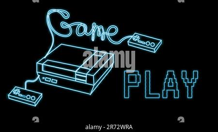 Un beau bleu brillant abstrait néon signe d'un vieux rétro rétro de console de jeu vintage des 80s, 90s et l'espace de copie avec une inscription jeu jouer Illustration de Vecteur