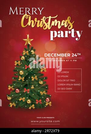 Joyeux Noël Party et Party poster avec arbre de Noël sur fond rouge invitation thème concept. Affiche et carte de vœux du nouvel an. Illustration de Vecteur