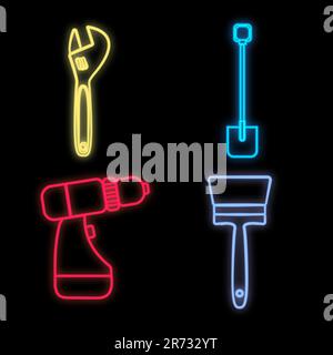 Jeu de panneaux de signalisation au néon industriel de construction multicolore et lumineux pour atelier centre de service beau brillant avec tournevis à brosse clé s Illustration de Vecteur