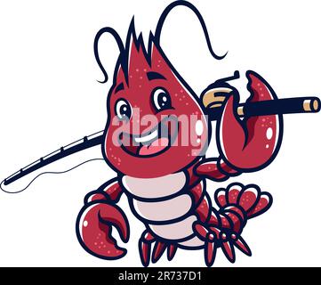 Bébé homard souriant et tenant une canne à pêche Illustration de Vecteur