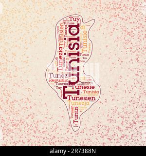 Tunisie forme avec les noms de pays nuage de mots en plusieurs langues. Carte de la frontière tunisienne sur des triangles soignés dispersés autour. Illustration de Vecteur