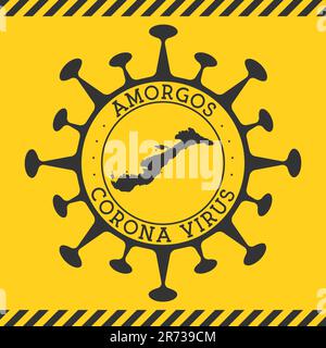 Virus Corona à Amorgos signe. Badge rond avec forme de virus et carte Amorgos. Timbre de verrouillage de l'épidemy de l'île jaune. Illustration vectorielle. Illustration de Vecteur