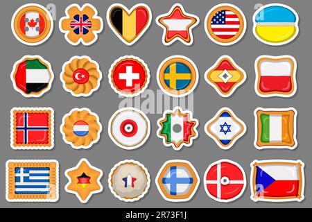 Ensemble de biscuit maison avec drapeau pays monde dans savoureux biscuit, biscuit consiste de signe pays monde sur le biscuit naturel, biscuit frais avec Illustration de Vecteur