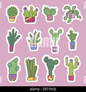Ensemble de jolis autocollants de cactus dans des pots. Plantes d'intérieur. Pour la conception de cartes, invitations ou autocollants. Vecteur isolé Illustration de Vecteur