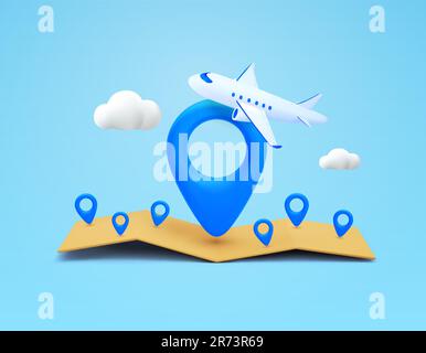 3d marqueurs de carte avec avion, nuages, isolés en arrière-plan. Concept de voyage, vacances, réservation, visite, hôtel, transport. 3d illustration vectorielle. Illustration vectorielle Illustration de Vecteur
