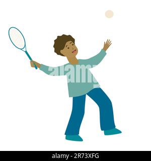 Joyeux petit garçon jouant au tennis. Illustration vectorielle isolée sur fond blanc Illustration de Vecteur