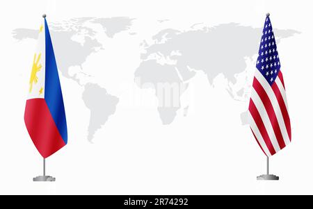 Drapeaux des Philippines et des États-Unis pour une réunion officielle sur fond de carte du monde. Illustration de Vecteur