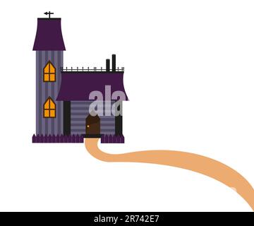 Petit château, maison avec une tour et une route. Style victorien, illustration vectorielle plate. Couleur violet. Objet isolé pour halloween. Illustration de Vecteur