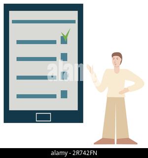 Homme montrant l'écran de la tablette planification d'entreprise, gestion, organisation de l'emploi votre texte sur l'écran du gadget Illustration vectorielle isolée sur fond blanc Illustration de Vecteur