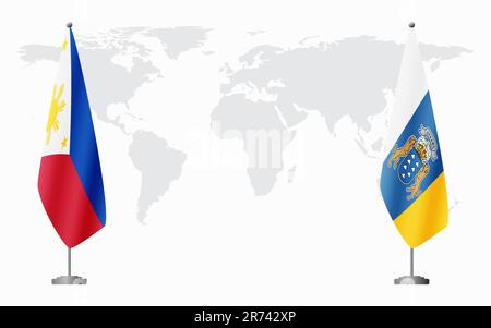 Drapeaux des Philippines et des îles Canaries pour une réunion officielle sur fond de carte du monde. Illustration de Vecteur