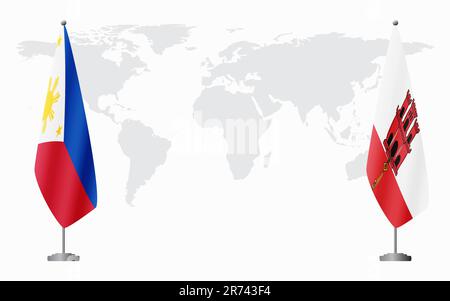 Drapeaux des Philippines et de Gibraltar pour une réunion officielle sur fond de carte du monde. Illustration de Vecteur