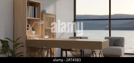 Copiez de l'espace sur une table en bois dans un salon minimaliste et confortable avec une grande étagère, un canapé confortable contre la grande fenêtre en verre, et PLA intérieur Banque D'Images