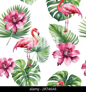 Flamingo avec des feuilles et des fleurs exotiques. Motif sans couture dans le style aquarelle. Décoration design graphique pour les projets imprimés et web. Illustration de Vecteur