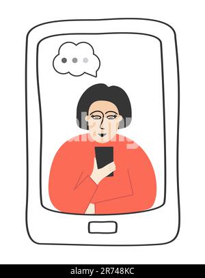 Redémarrez une femme assise dans le cadre d'un téléphone et à l'aide d'un smartphone illustration vectorielle dessinée à la main isolation sur fond blanc Illustration de Vecteur