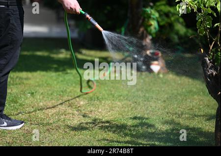 Berlin, Allemagne. 09th juin 2023. Un homme arrose la pelouse d'un jardin à Berlin avec une clé de jardinier. Credit: Jessica Liquetzki/dpa/Alay Live News Banque D'Images