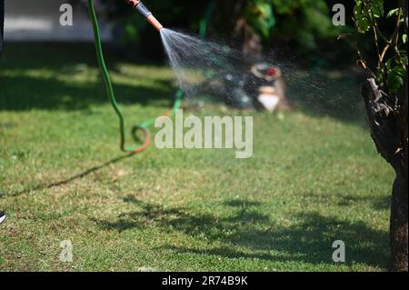 Berlin, Allemagne. 09th juin 2023. Un homme arrose la pelouse d'un jardin à Berlin avec une clé de jardinier. Credit: Jessica Liquetzki/dpa/Alay Live News Banque D'Images