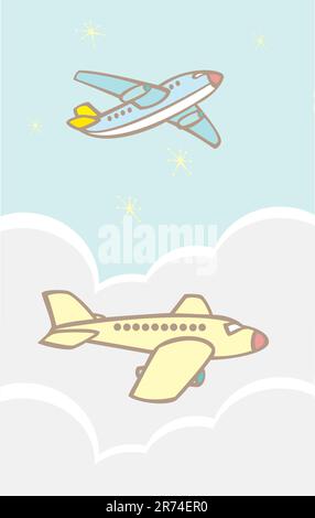 Des jets passagers simples qui volent dans les nuages. Illustration de Vecteur