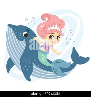 Jolie petite promenade de sirène à cheveux roses sur une baleine d'ami. Illustration de dessin animé vectoriel isolée de style plat. Arrière-plan blanc. Pour l'impression, la conception, la publication Illustration de Vecteur