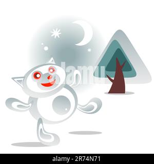 Dessin animé chat neige avec cadeau et pin sur un fond d'hiver. Illustration de Vecteur