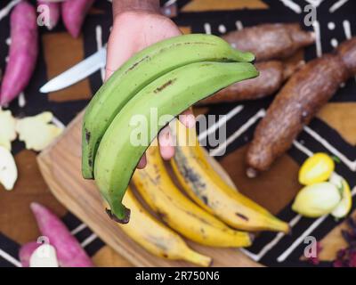femme tenant du plantain mûr vert comme ingrédient pour la nourriture africaine Banque D'Images