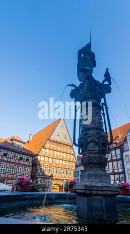 Hildesheim, place Markt, maison Knochenhaueramtshaus (Butcher's Guild Hall), fontaine Rolandbrunnen, maison à colombages, vieille ville de la région de Hanovre, Basse-Saxe, Allemagne Banque D'Images