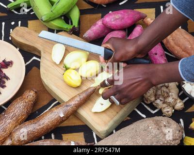 femme noire coupant des légumes et des fruits africains typiques, coup de tête. Cuisine de la côte d'Ivoire. Banque D'Images