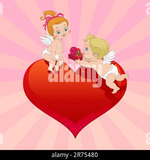 À la Saint-Valentin un angel boy présente une fleur et une boîte rouge en forme de coeur d'un ange girl Illustration de Vecteur