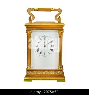 Authentique ancienne horloge de table plaquée or, isolée sur fond blanc Banque D'Images
