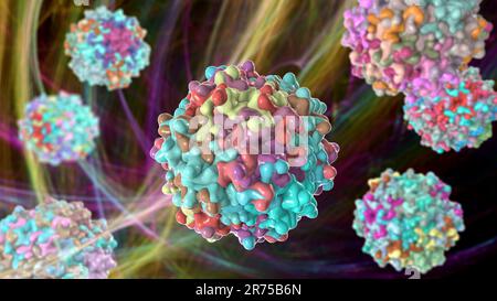 Virus associés à Adeno, illustration informatique. Les virus Adeno-associés (AAV) sont les plus petits virus connus pour infecter les humains. Ils ne causent pas de maladie Banque D'Images