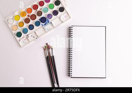Gros plan de peintures, carnets et pinceaux avec espace de copie sur fond blanc. Retour à l'école, art, peinture, matériel scolaire, apprentissage, école et ed Banque D'Images