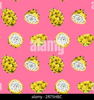 Tranches de fruits de dragon jaune et motif pitaya entier sans couture sur fond rose délicieux. Illustration dessinée à la main Banque D'Images