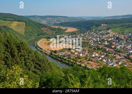 Vue sur le Saartal près de Serrig depuis le Klause dans le quartier Kastel, Kastel-Staadt, Saartal, Parc naturel Saar-Hunsrück, Saargau, Rhénanie-Palatinat, Allemagne Banque D'Images