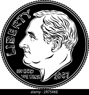 American Money Roosevelt dime, États-Unis une dime ou 10 cents pièce d'argent avec le président Franklin D Roosevelt en contre. Image en noir et blanc Illustration de Vecteur