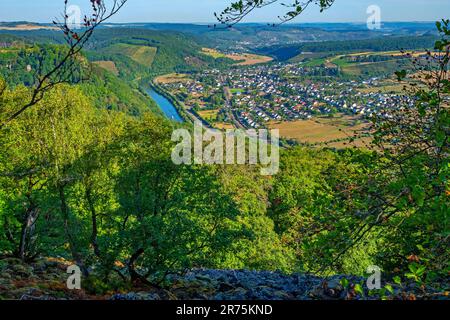 Vue du sommet de Maunert (416 m) près de Taben-Rodt à la vallée de Saar près de Kastel-Staadt et Serrig, Saar, Saartal, Parc naturel de Saar-Hunsrück, Rhénanie-Palatinat, Allemagne Banque D'Images