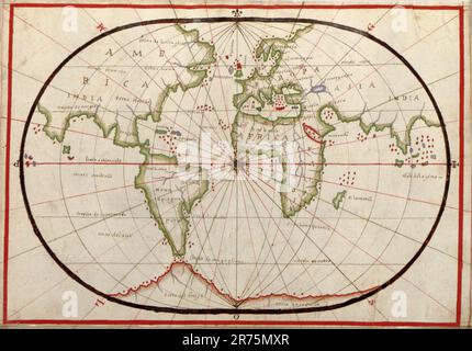 Carte du monde peinte sur papier apposée sur le vélin. Publié vers 1590, il montre le monde connu, y compris les nouvelles terres découvertes par Europ Banque D'Images