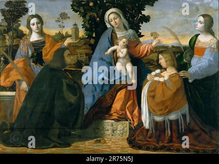 Palma il Vecchio – Madonna et enfant avec Sainte Barbara, Saint Justina, et deux donateurs 1500-10. Banque D'Images