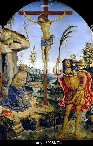 Christ crucifié entre saints Jérôme et Christopher dans un paysage Pinturicchio (Bernardino di Betto) (v.1452-1513) Banque D'Images