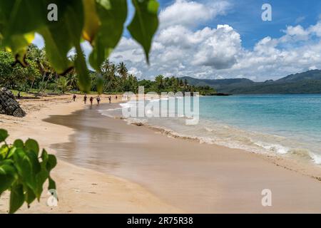 Amérique du Nord, Caraïbes, Grande Antilles, Île d'Hispaniola, République dominicaine, Province de SAMA, Péninsule de Sama, Las Galeras, Playa Colorada, Groupe de touristes marchant le long de la plage de Playa Colorada Banque D'Images