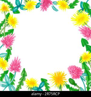 Pissenlit jaune et fleurs de trèfle, dessinées à la main - cadre floral sur fond blanc Banque D'Images