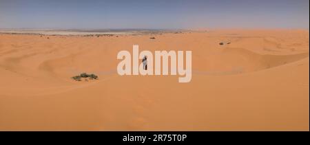 Randonnée dans la grande dune de Merzouga dans le désert d'Erg Chebbi, Sahara marocain Banque D'Images