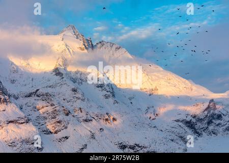 Großglockner fraîchement neigé avec des nuages de pente sur la chaîne de montagnes et des abreuvoirs alpins au lever du soleil Banque D'Images