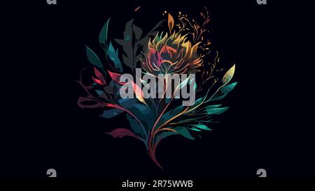 Illustration colorée d'une fleur avec des feuilles sur fond sombre. Illustration de Vecteur
