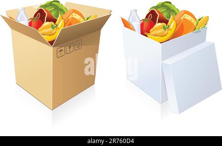 Deux boîtes en carton ouvertes avec des aliments sur fond blanc Illustration de Vecteur