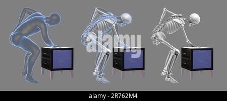 Douleurs dorsales. Illustration informatique conceptuelle d'un corps humain avec squelette mis en évidence tenant une main dans le bas du dos. La douleur du bas du dos, appelée lombo, est Banque D'Images