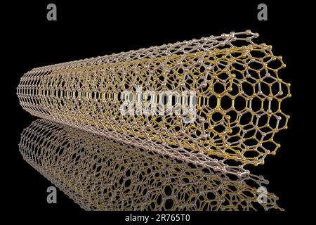 Nanotube de carbone. Illustration informatique montrant la structure hexagonale en carbone d'un nanotube, ou sarrasin de taille variable, avec le plus petit insi imbriqué Banque D'Images